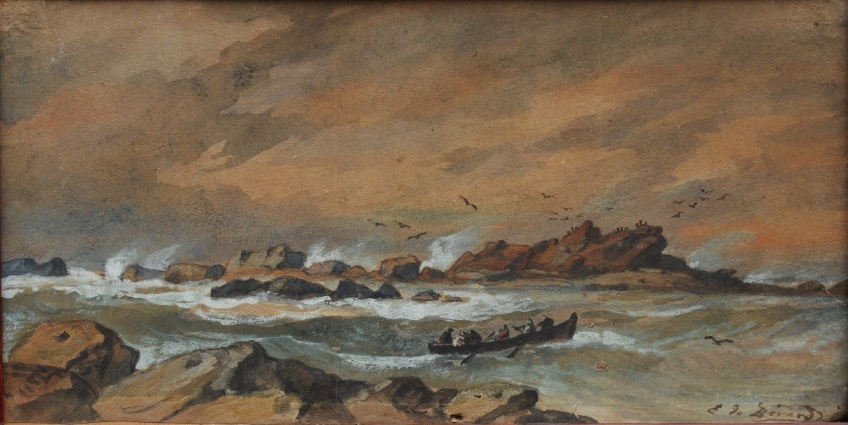 Marine, la barque près des rochers - Évremont DE BÉRARD (1824-1881)-photo-2