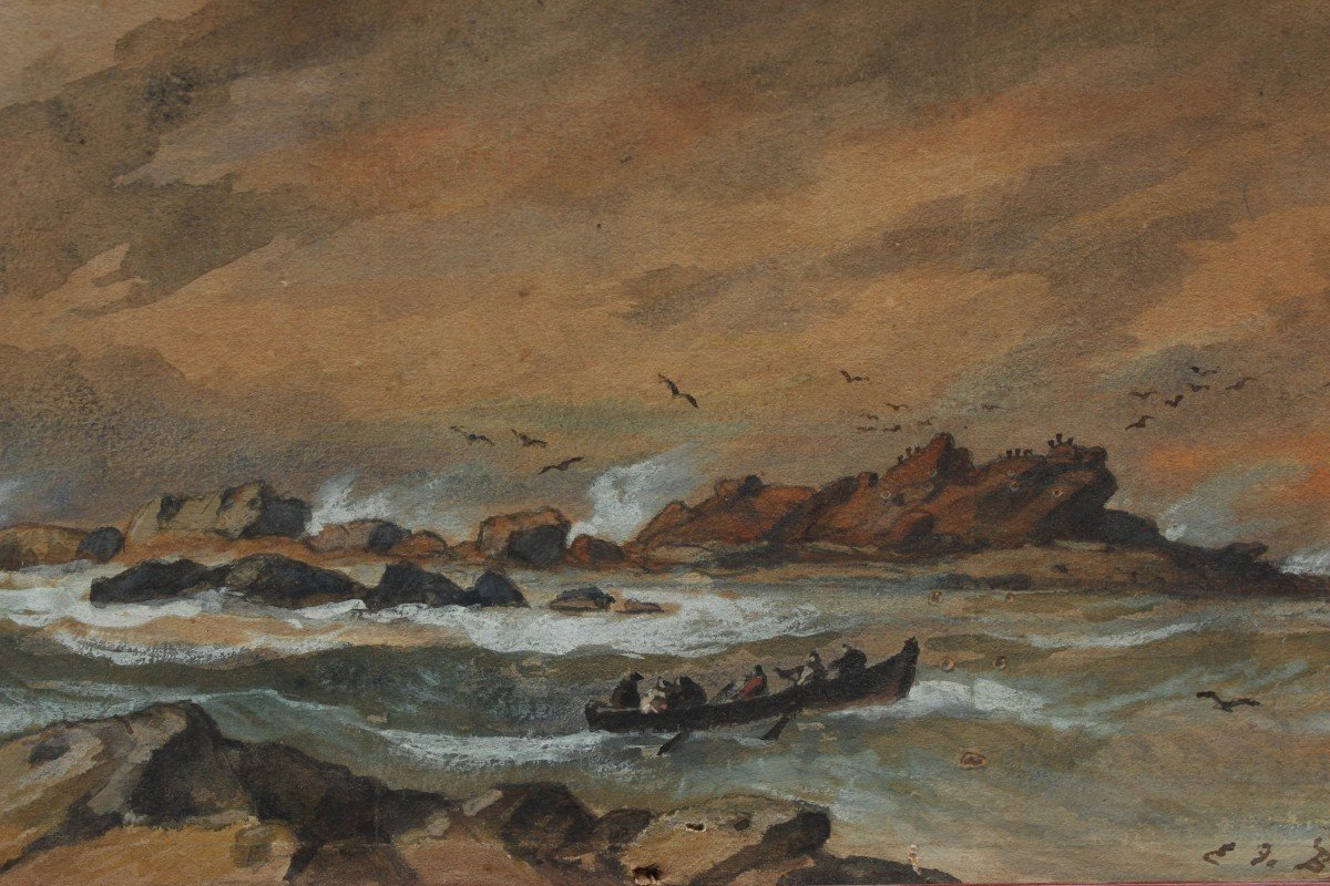 Marine, la barque près des rochers - Évremont DE BÉRARD (1824-1881)-photo-3