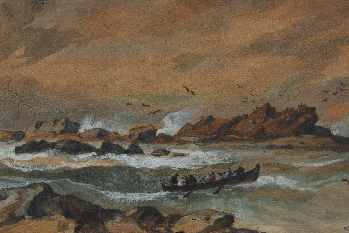 Marine, la barque près des rochers - Évremont DE BÉRARD (1824-1881)-photo-4