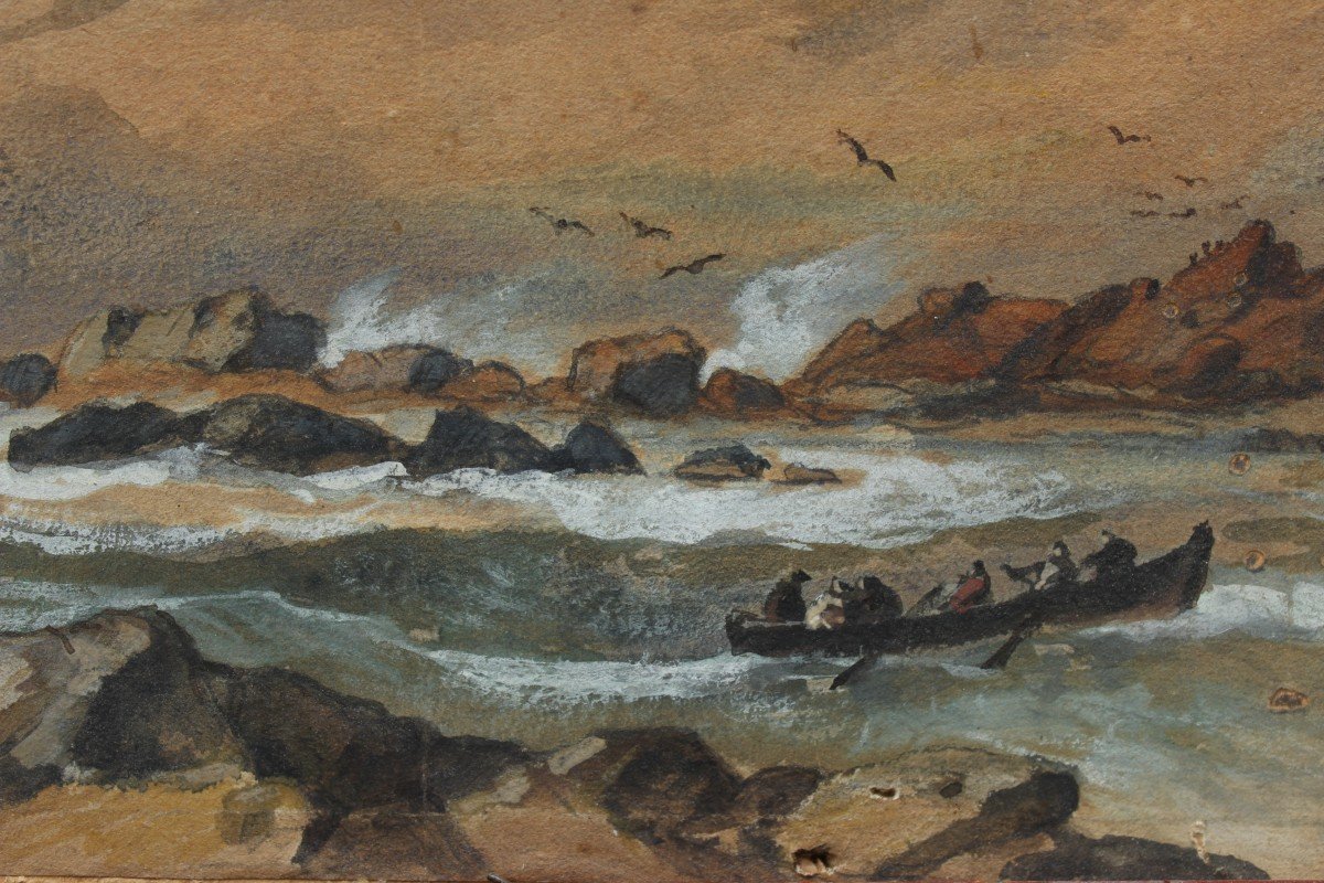 Marine, la barque près des rochers - Évremont DE BÉRARD (1824-1881)-photo-2