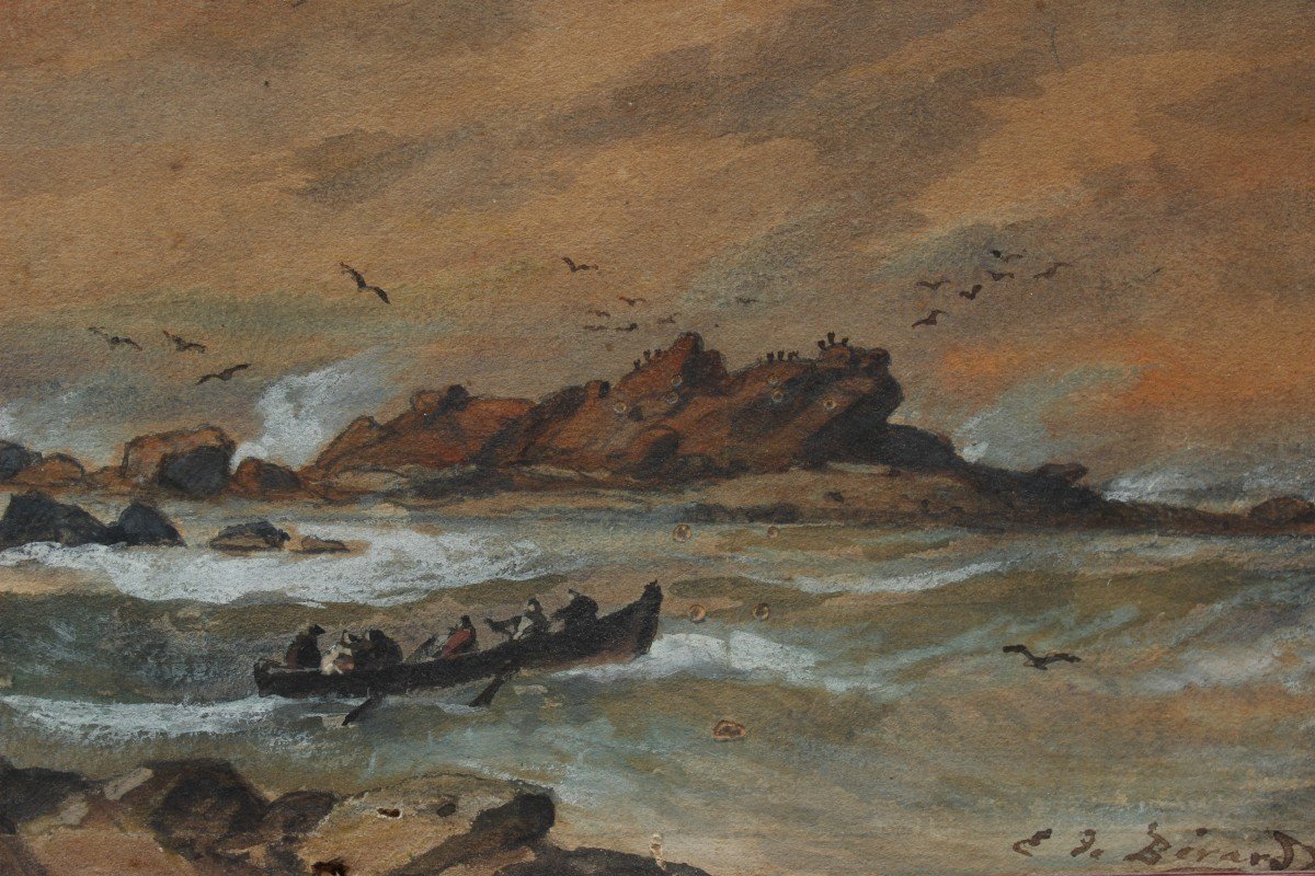 Marine, la barque près des rochers - Évremont DE BÉRARD (1824-1881)-photo-3