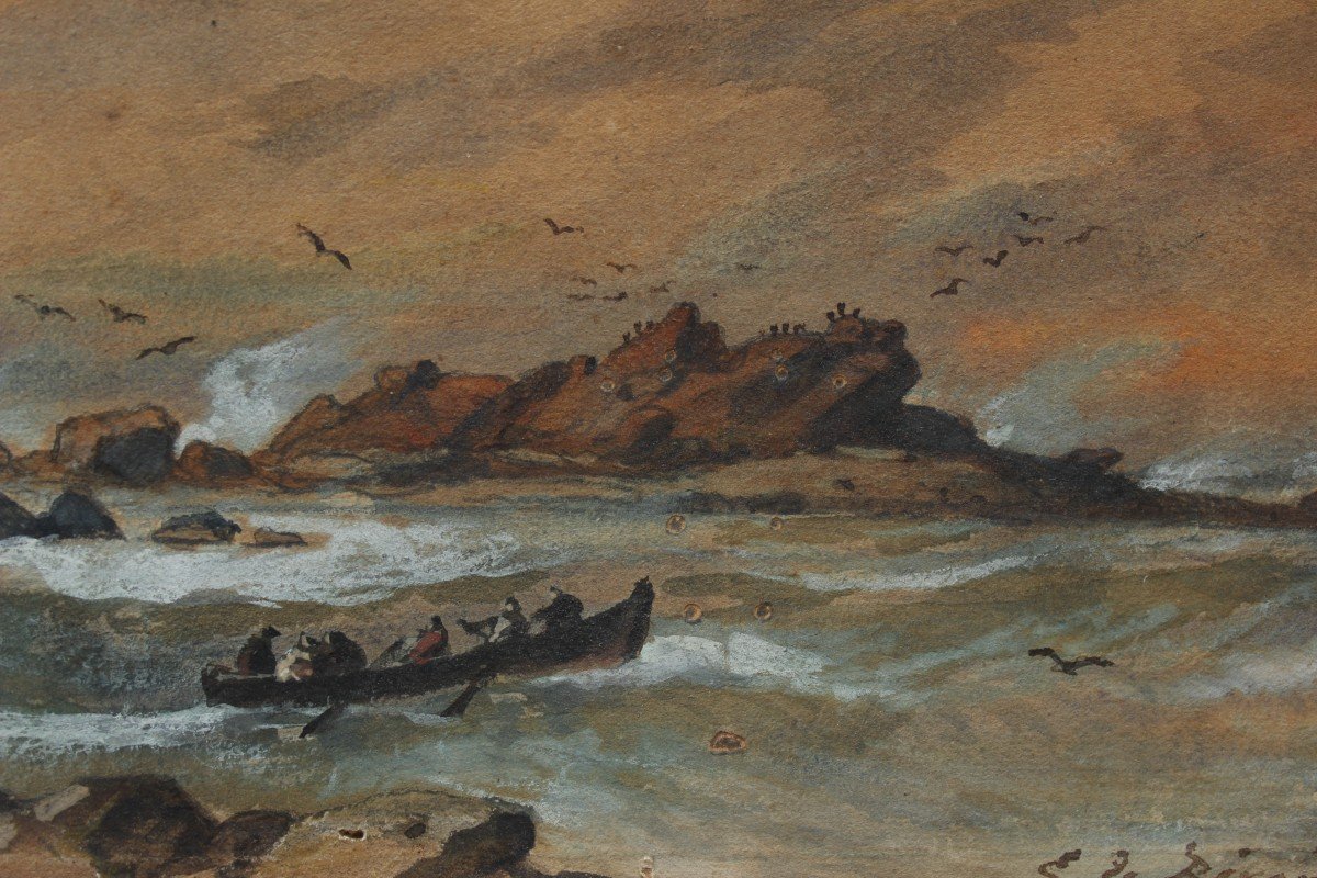 Marine, la barque près des rochers - Évremont DE BÉRARD (1824-1881)-photo-4