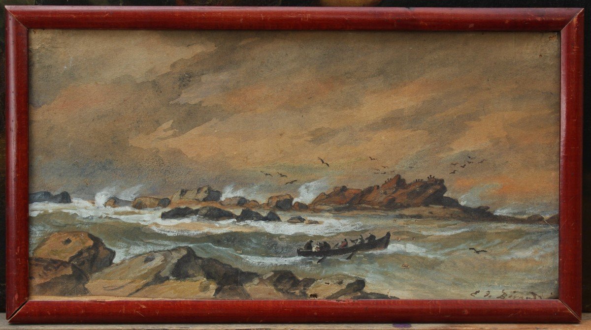 Marine, la barque près des rochers - Évremont DE BÉRARD (1824-1881)