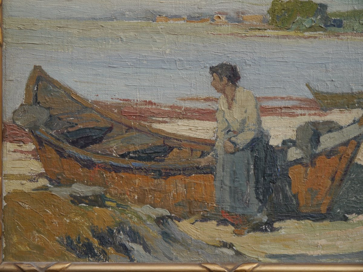 Femme à la barque sur une plage, Hérault. Louis Raoul GUIRAUD (1888-1976)-photo-2