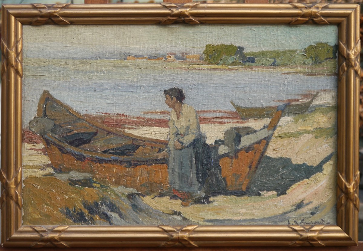 Femme à la barque sur une plage, Hérault. Louis Raoul GUIRAUD (1888-1976)