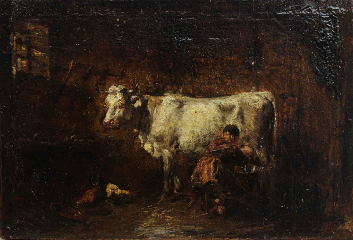 Vache à l'étable, la traite. Théodore Lévigne (1848-1912), Barbizon