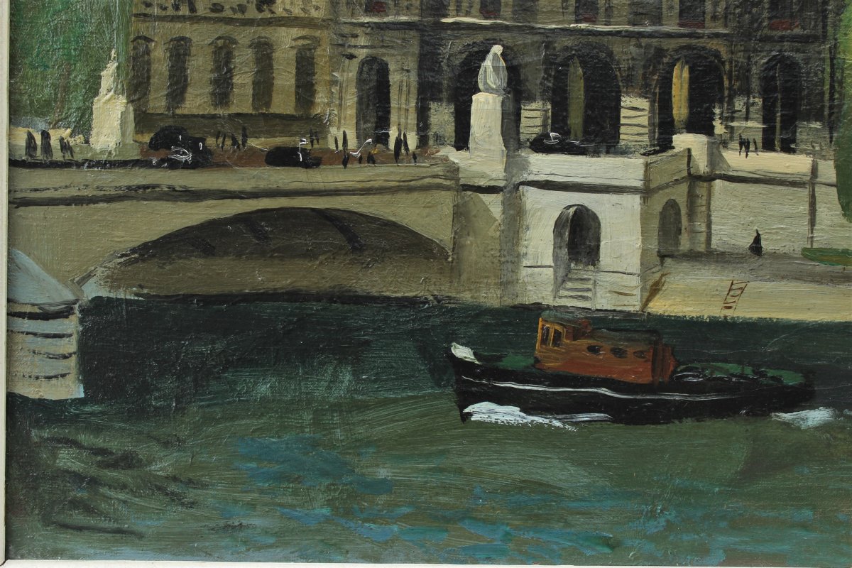 Pierre LAFAGES (1925-?). Le Louvre au pont du Carrousel, Paris 1947-photo-2