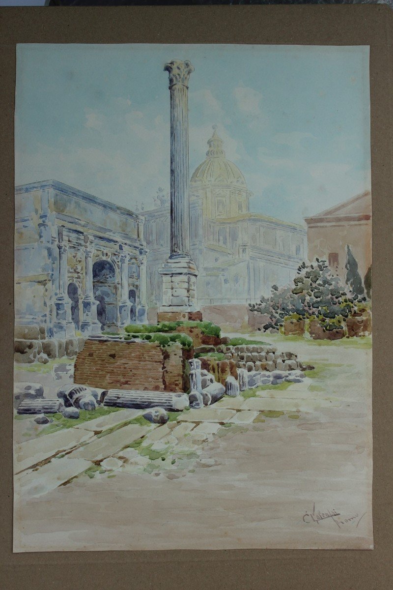 Column Of Phocas, Rome - Watercolor Deb. XXth Signed-photo-3