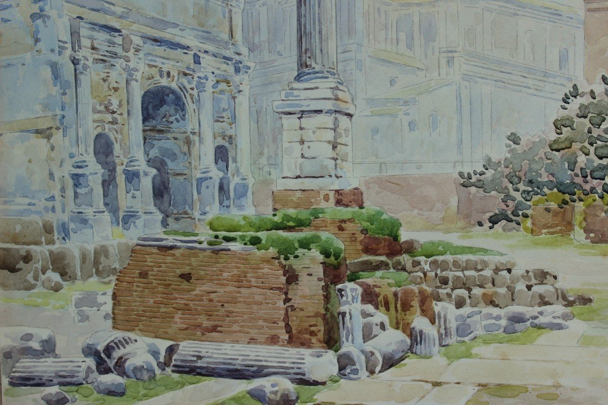 Column Of Phocas, Rome - Watercolor Deb. XXth Signed-photo-3