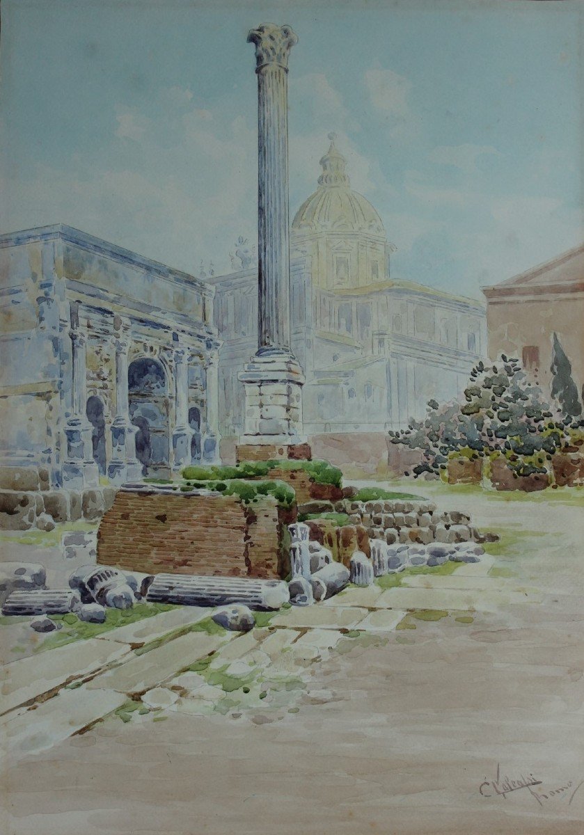 Column Of Phocas, Rome - Watercolor Deb. XXth Signed