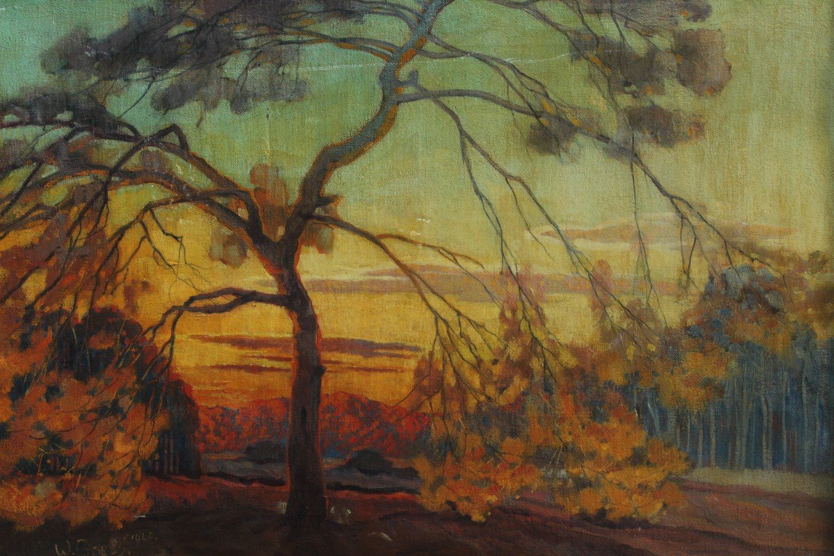 Art Nouveau Style Twilight Landscape, Tree - German School W. Gress 1920-photo-4