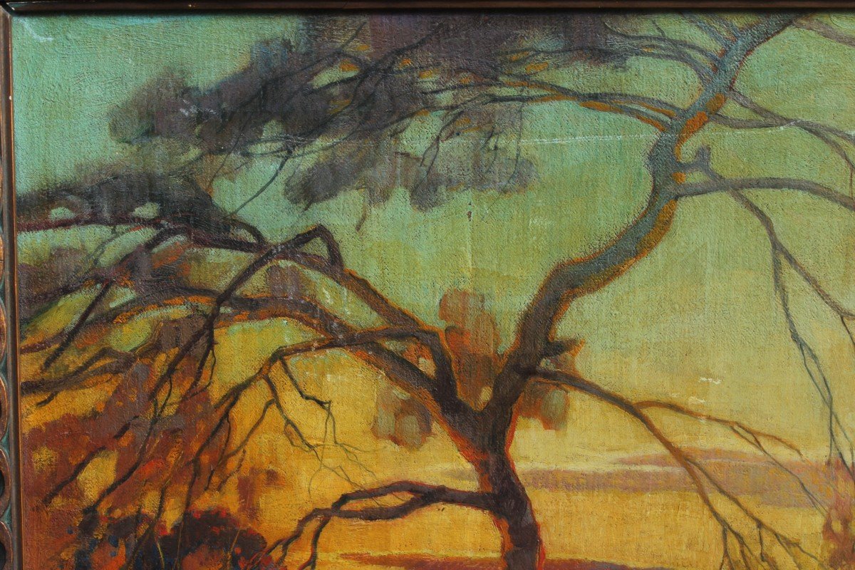 Art Nouveau Style Twilight Landscape, Tree - German School W. Gress 1920-photo-1