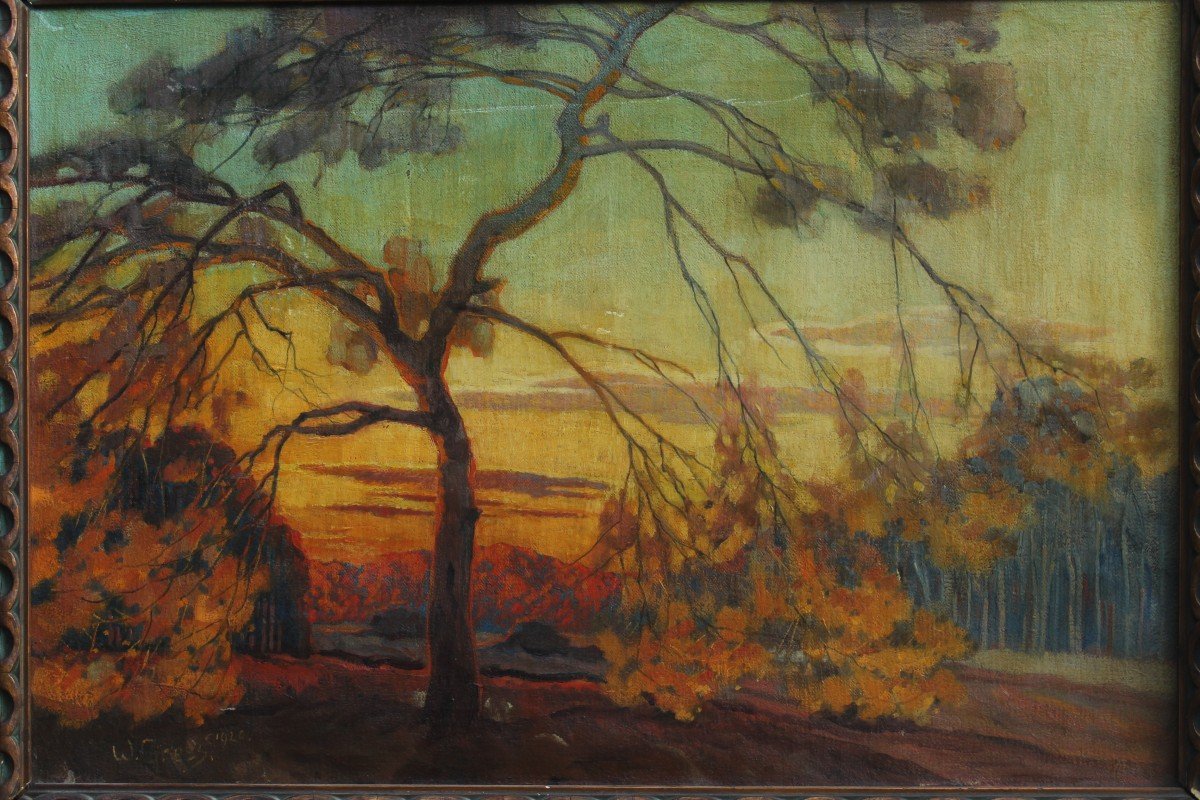 Paysage crépusculaire style art nouveau, arbre - Ecole Allemande W. Gress 1920