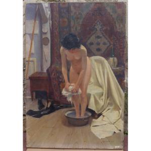 Raoul Terrasson-Duvernon (XIX-XXè) - Atelier, femme à sa toilette.