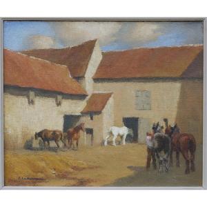 Pierre Ladureau (1882-1974) - Horses In A Farmyard