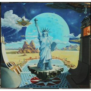 Very Large Science Fiction Painting Statue Of Liberty, 1980. Apotheose Technology. P Marchess