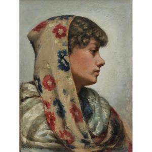 Femme au foulard - Ecole fin XIXè monogrammée BM