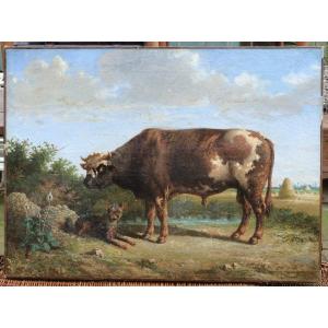Charles Gaugiran NANTEUIL (1811-?) - Taureau et chien dans un paysage