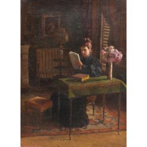 Jacques-Henri BARENNES (1852-1923). Femme lisant dans un intérieur, Bordeaux.