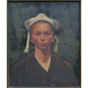 Portrait Of A Woman With A Headdress, 1894, Signed Flandin, Brittany?