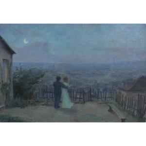 Couple devant Paris sous la lune. Gaston KNECHT (1875-1968)