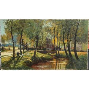 Prosper DE WIT (1862-1951). Grand paysage à la lavandière, Brabant.