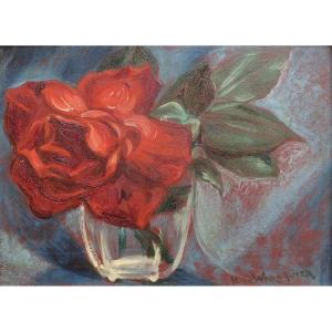 Henry DE WAROQUIER (1881-1970). Une rose rouge dans un verre.