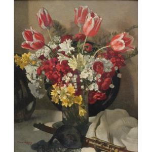 André CHARIGNY (1902-2000). Nature morte aux tulipes et à la clarinette.