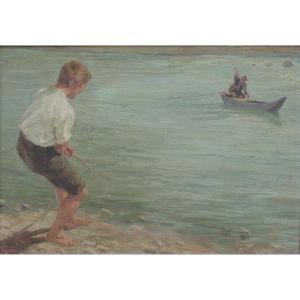 Andreas EINBERGER (1878-1953).  Jeune homme tirant une barque sur un lac. Autriche,Tyrol.