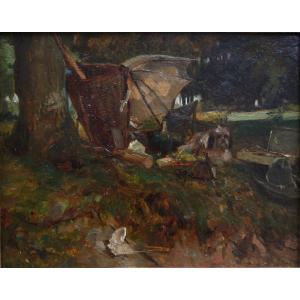 Still Life Outdoors: Painting Materials, Dog And Picnic. School Late 19th Century