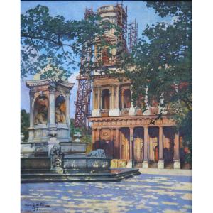 Large Painting. Saint-sulpice Church And Fountain, Paris. Henri Dabadie (1867-1949).