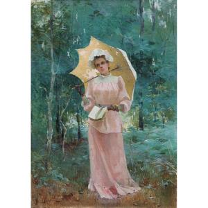 Henri Gaston DARIEN (1864-1926). Jeune femme au livre et à l'ombrelle.