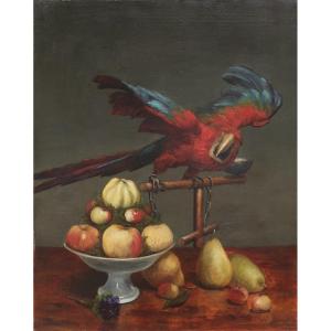 Paul Désiré Trouillebert (1829-1900). Still Life With Parrot.