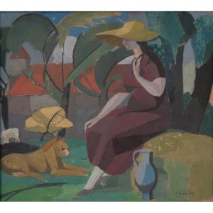 Roger BISSIÈRE (1886-1964). Femme au chapeau dans un paysage cubiste