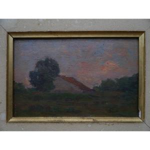 Paysage impressionniste, maison au crépuscule, vers 1900