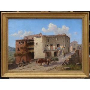 Charles Gaugiran NANTEUIL (1811-?). Vue de village en montagne, Alpes, Provence ou Corse