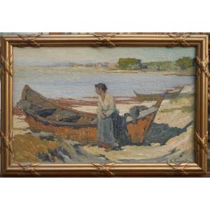 Femme à la barque sur une plage, Hérault. Louis Raoul GUIRAUD (1888-1976)