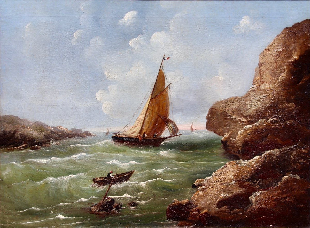 XIXth Painting Fishing Boat At Sea-photo-2