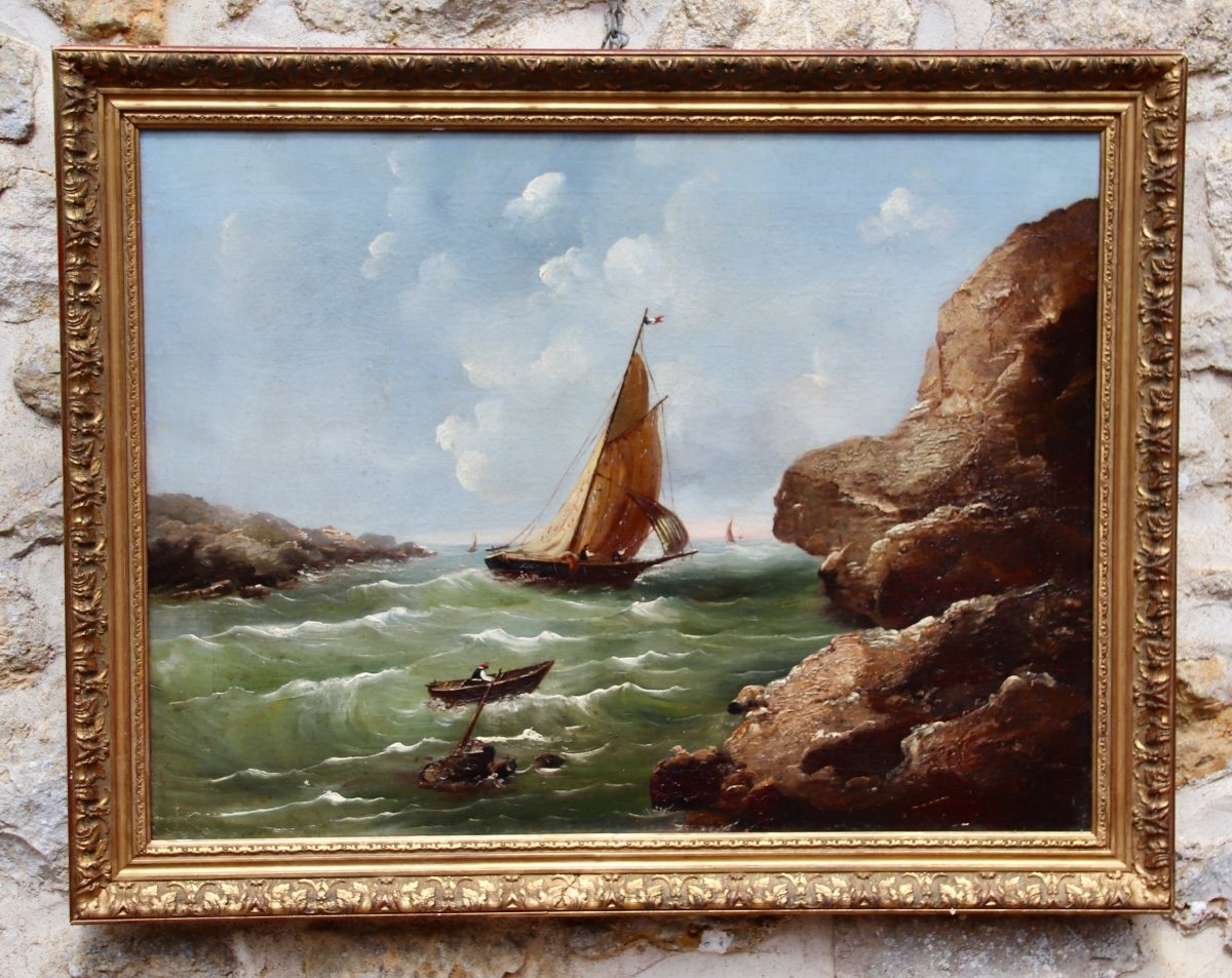 XIXth Painting Fishing Boat At Sea