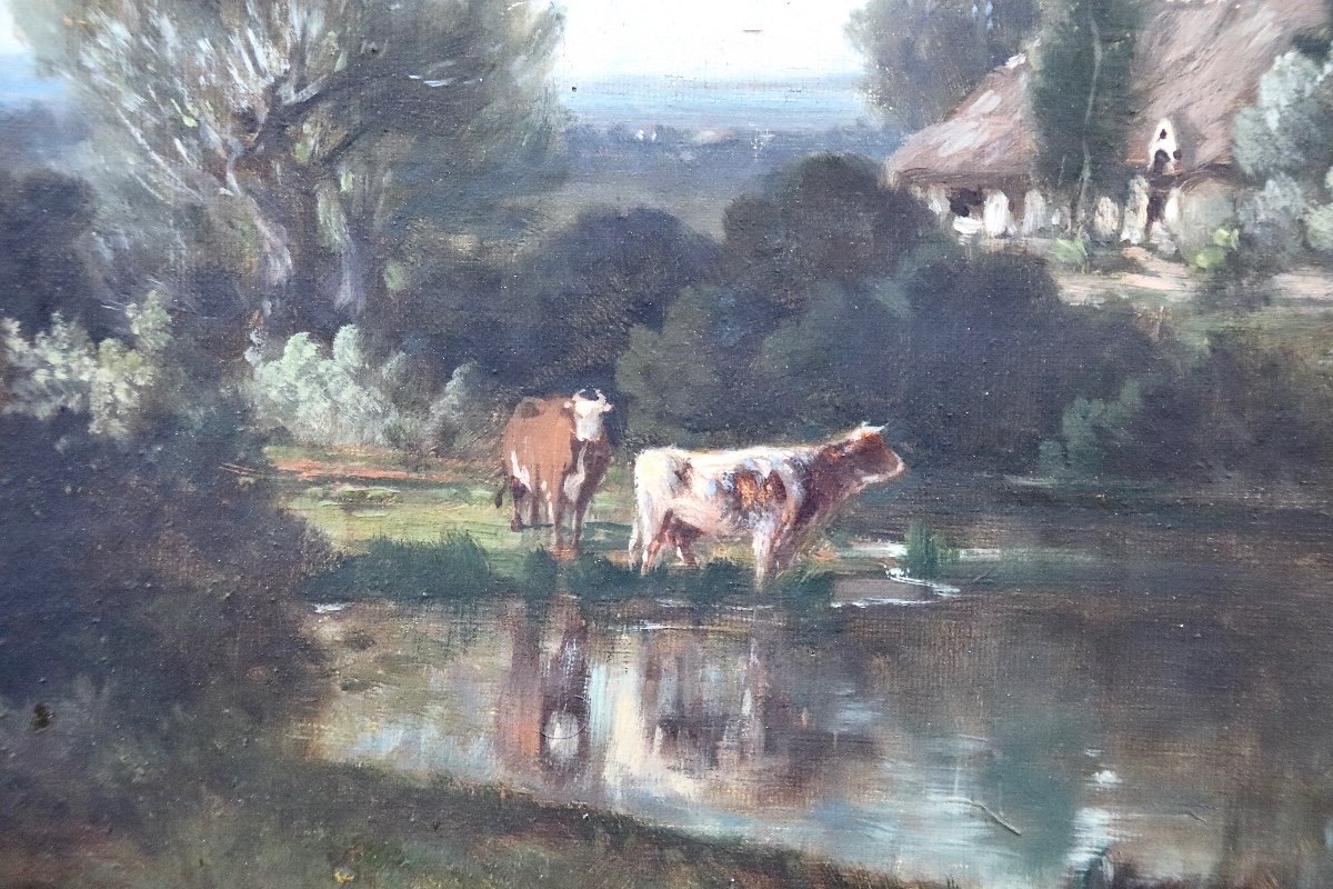 Large XIXth Painting Of Henri-françois Perret Cows Drinking.-photo-3