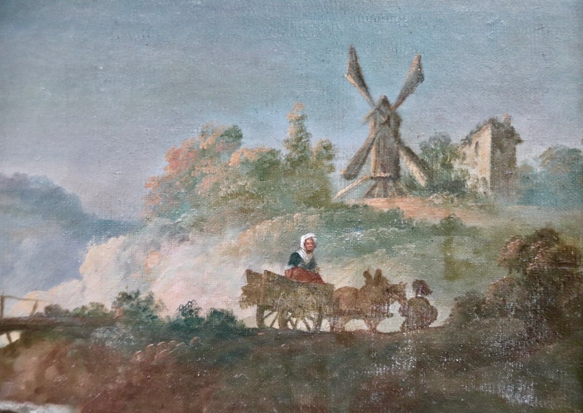 Grande Peinture Début XIXème Paysage De Bergère à La Rivière-photo-3
