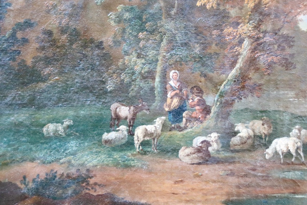 Grande Peinture Début XIXème Paysage De Bergère à La Rivière-photo-3