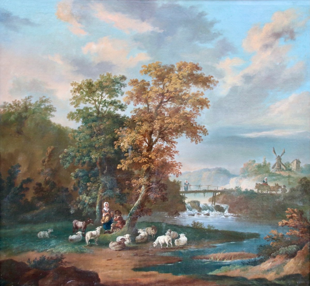 Grande Peinture Début XIXème Paysage De Bergère à La Rivière-photo-4