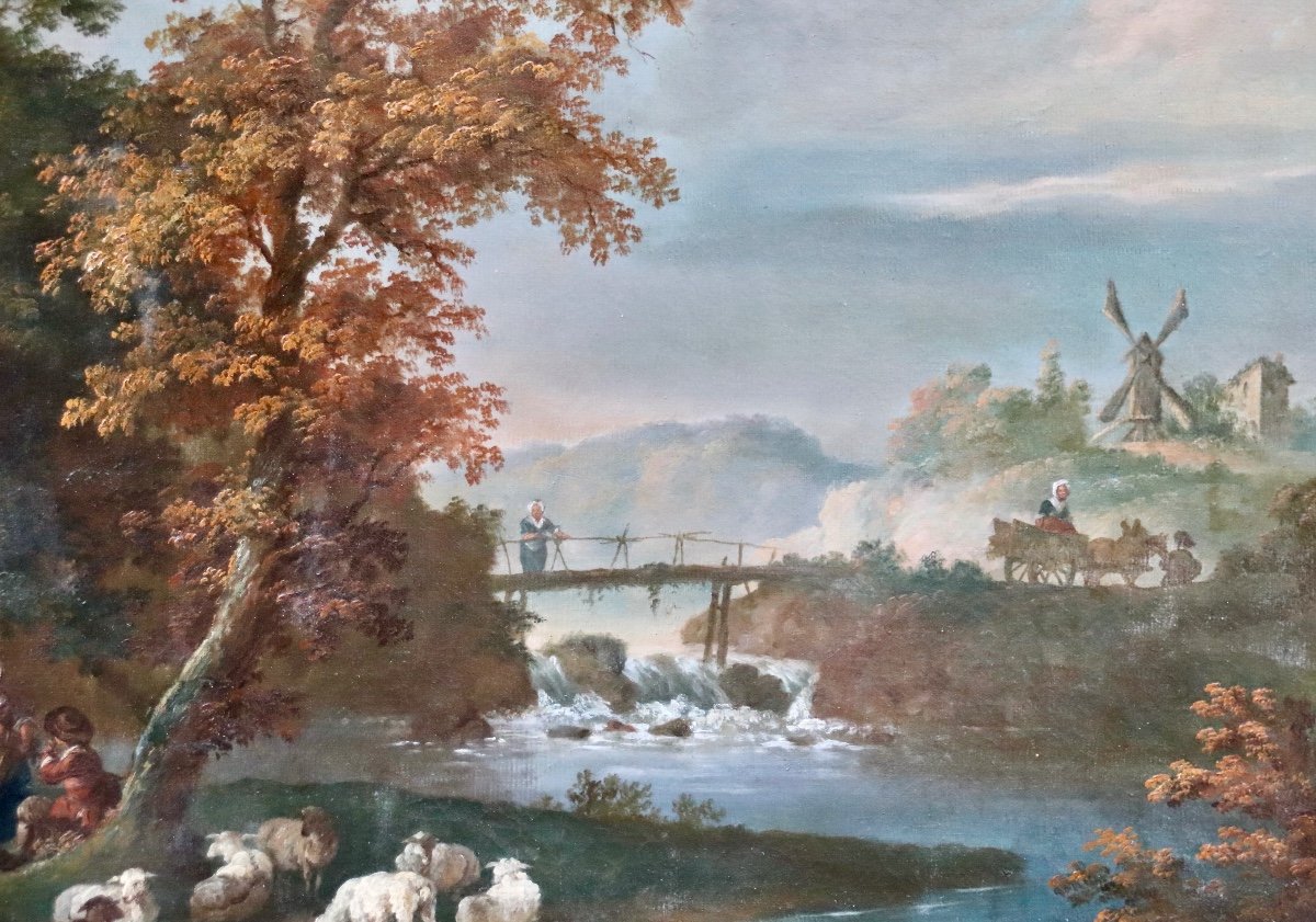Grande Peinture Début XIXème Paysage De Bergère à La Rivière-photo-5