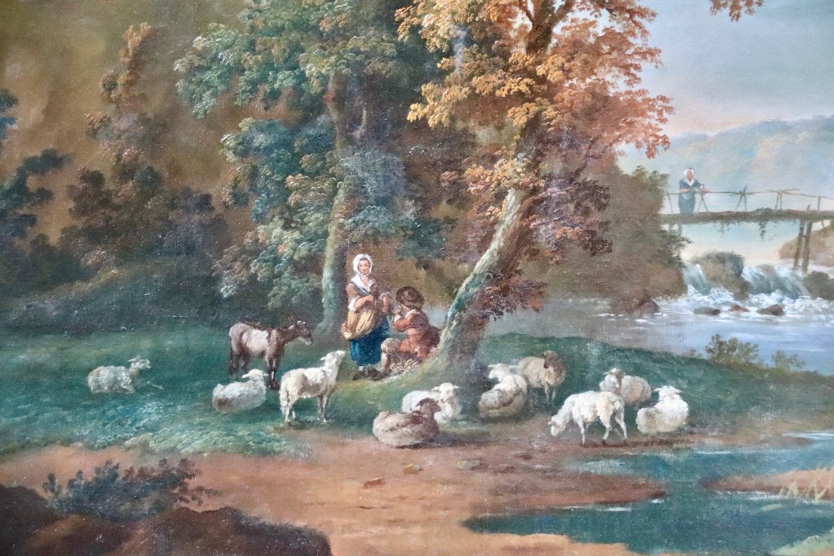 Grande Peinture Début XIXème Paysage De Bergère à La Rivière-photo-6