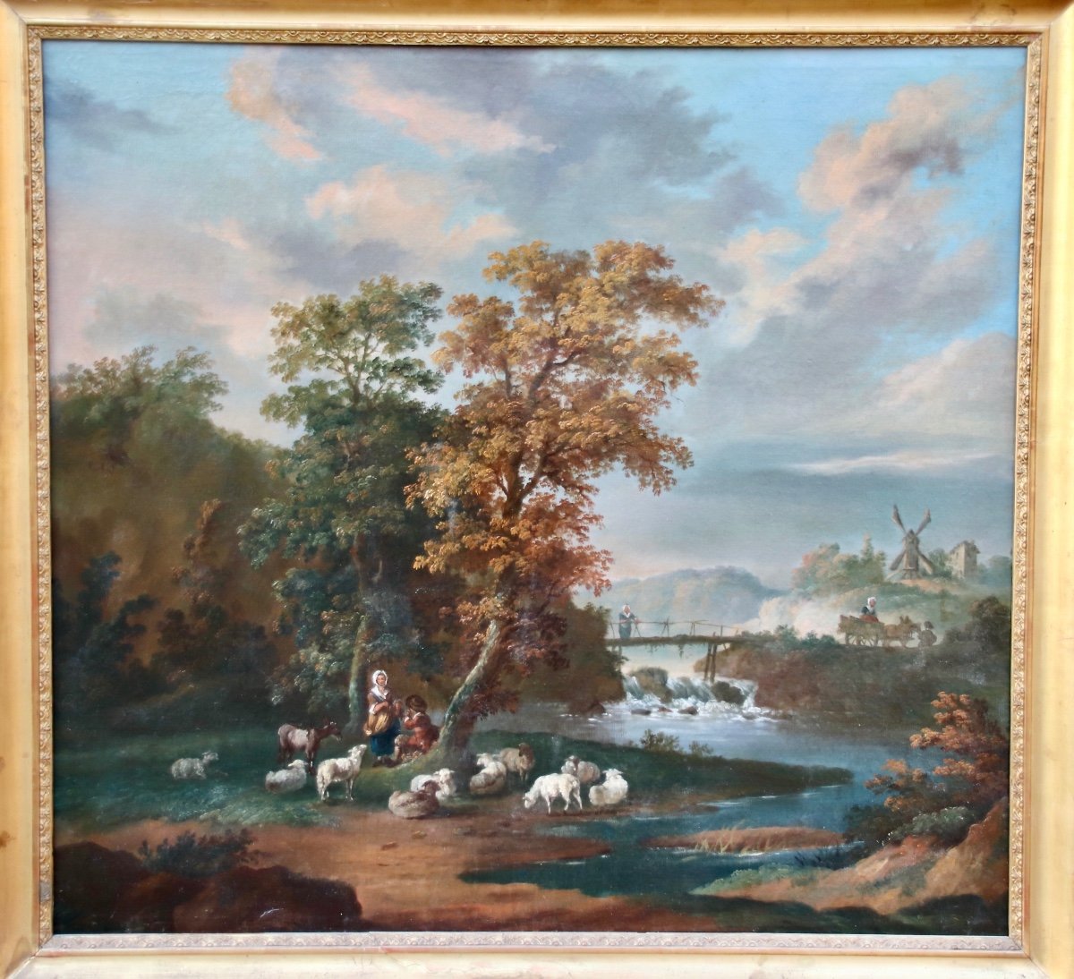 Grande Peinture Début XIXème Paysage De Bergère à La Rivière-photo-8