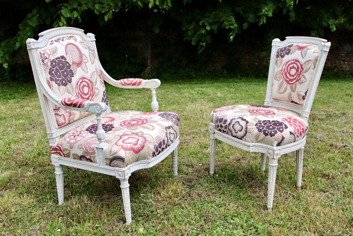 Salon d'époque Louis XVI Composé De 2 Fauteuils Et 2 Chaises-photo-2