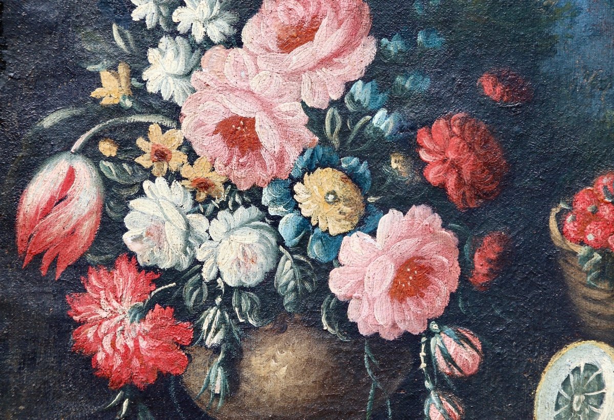 17th Century Painting Still Life Flowers Fruits Bird-photo-2