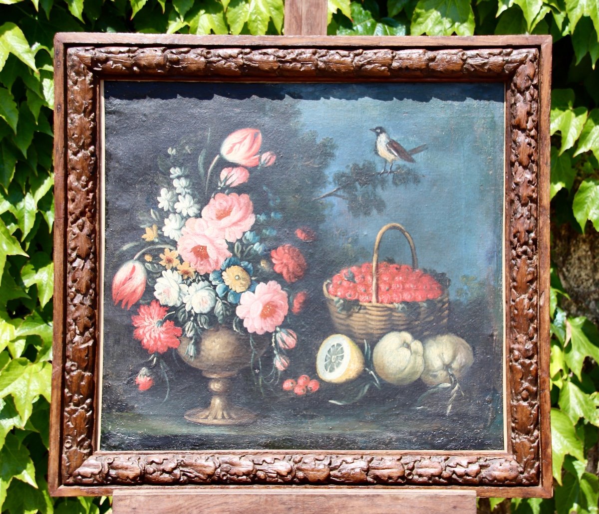 Peinture XVIIème Nature Morte Fleurs Fruits Oiseau 