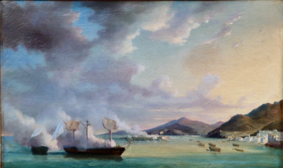 Peinture XIXème Bataille Dans La Baie d'Alger -photo-3